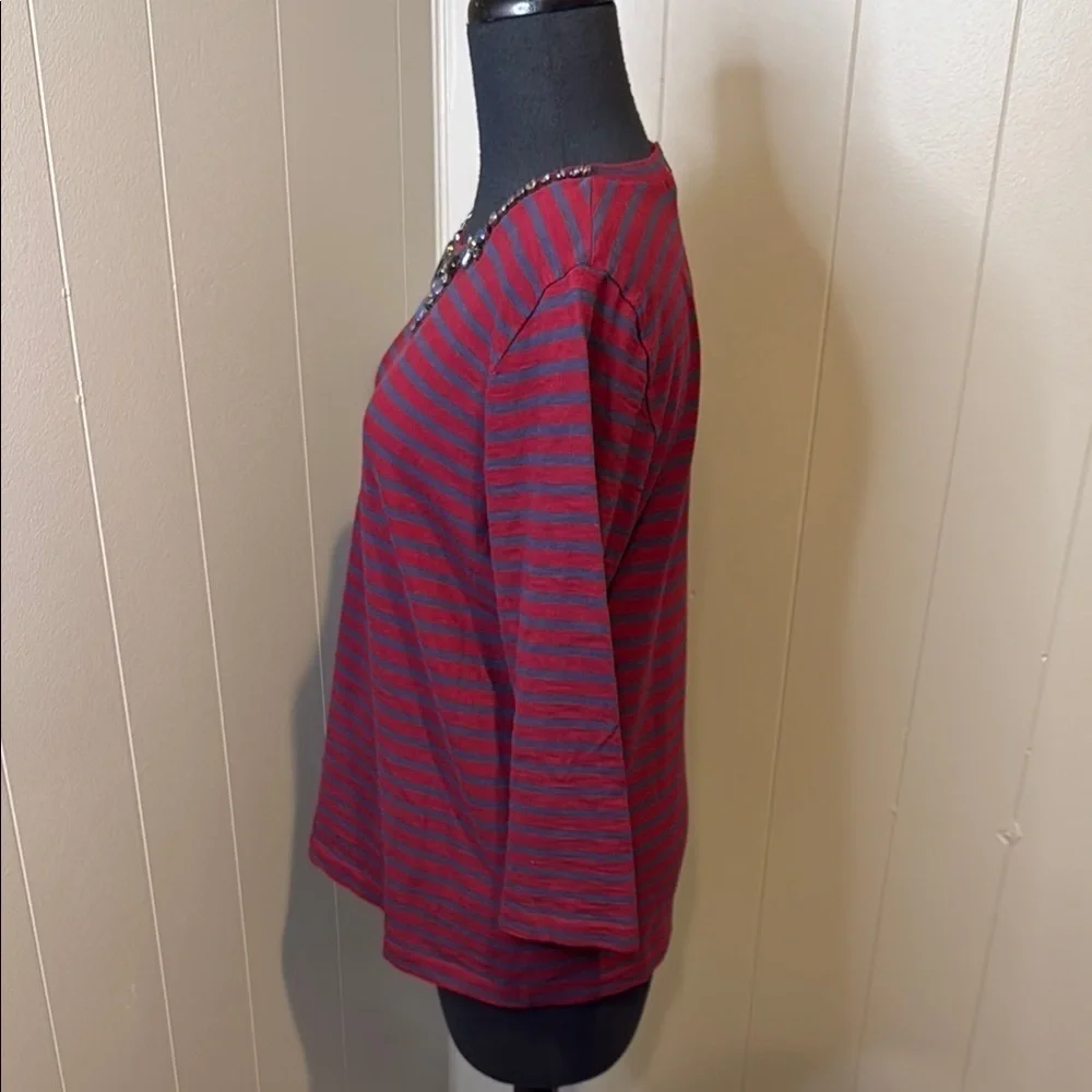 J. Crew Women’s Medium Red Embellished Long Sleeve Shirt Faux Crystal Neckline